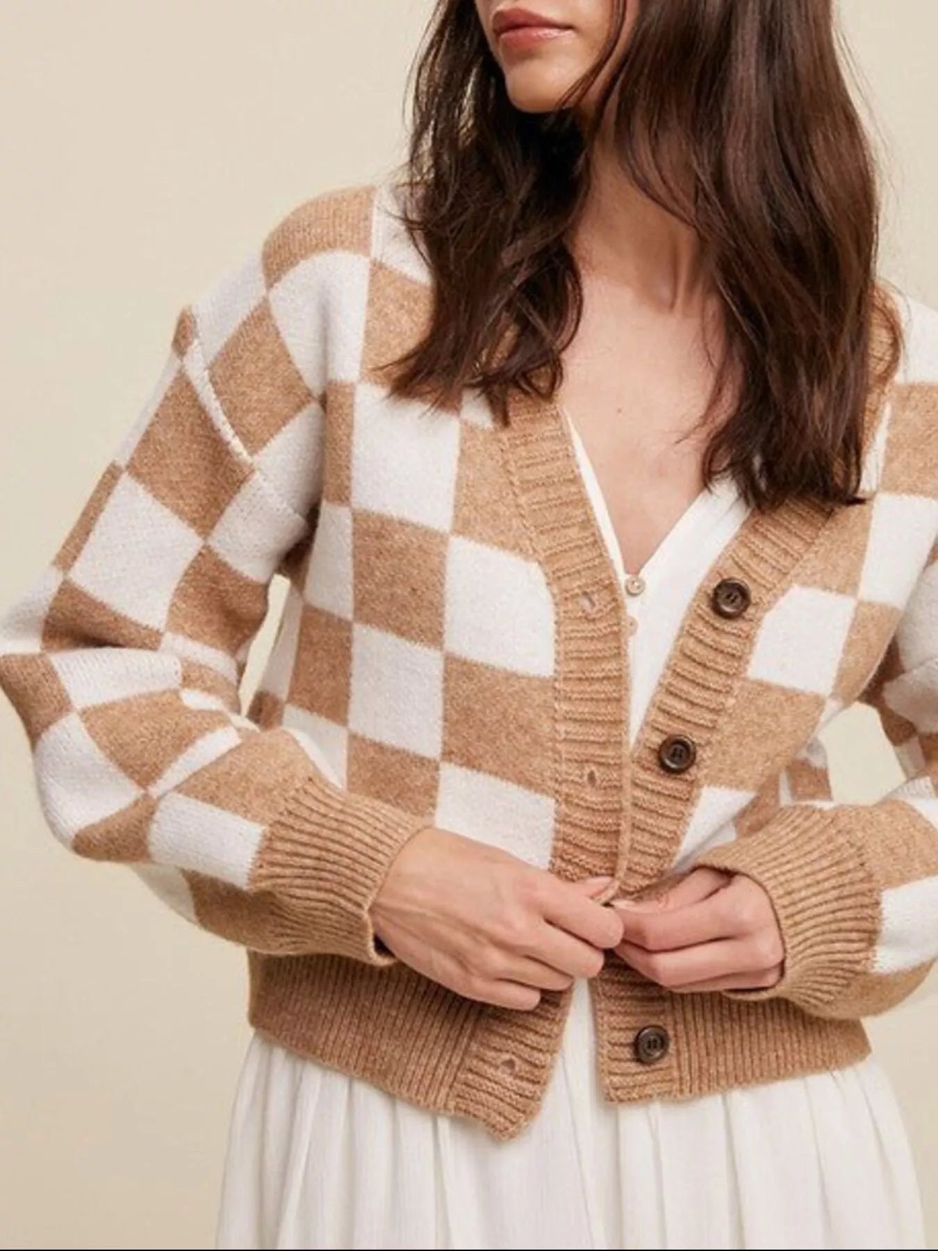 Sarah Express Women's Checkerboard Pattern Button-Down Cardigan