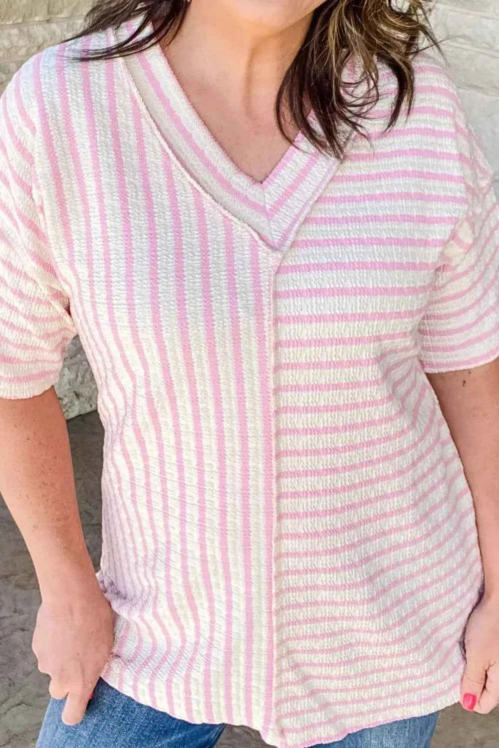 Sarah Express Women's Plus Size Stripe V-Neck T-Shirt with Exposed Seam Patchwork Detail Blush Pink
