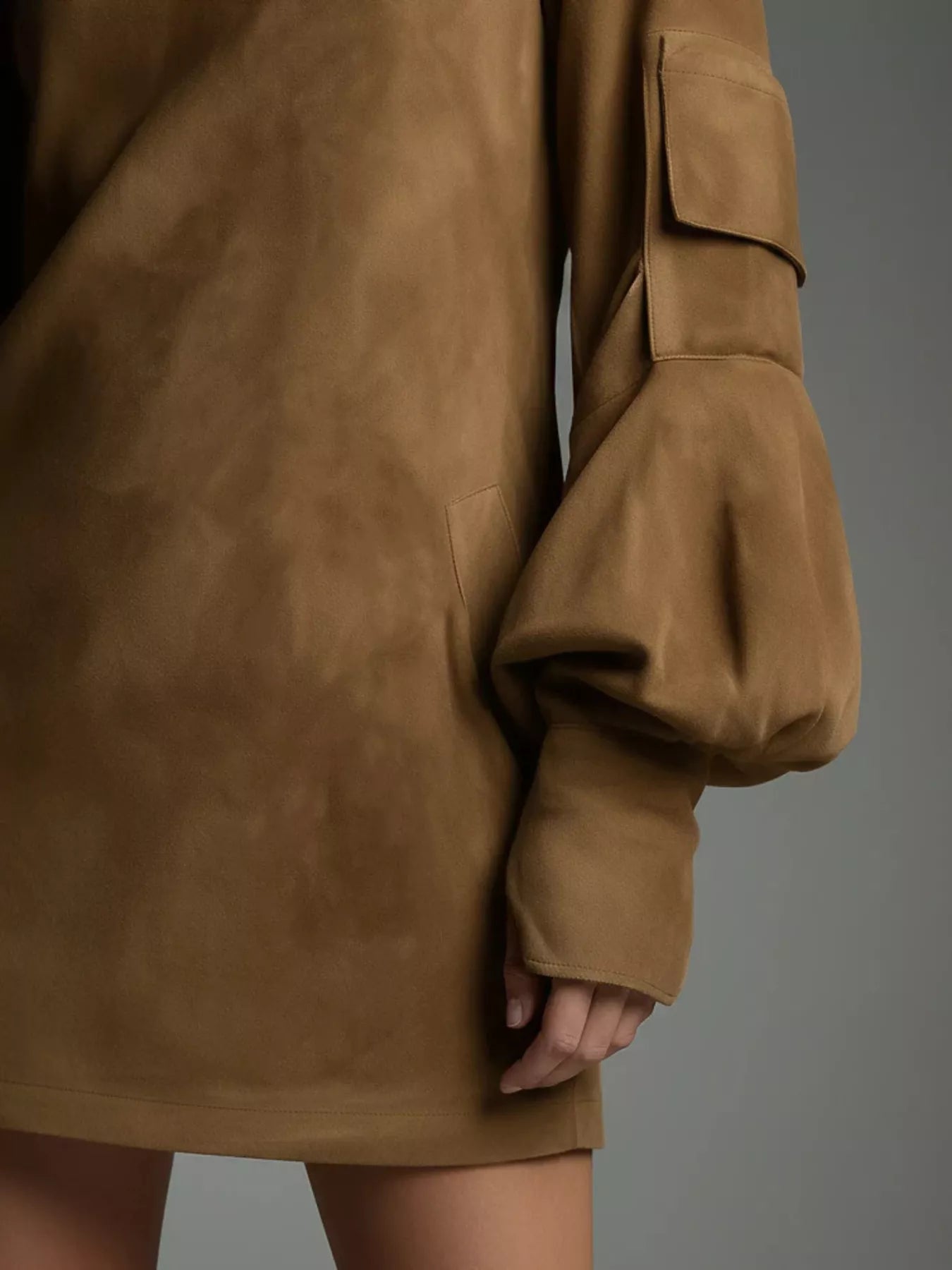 Sarah Express Women's Suede Turtleneck Lantern Sleeve Mini Dress