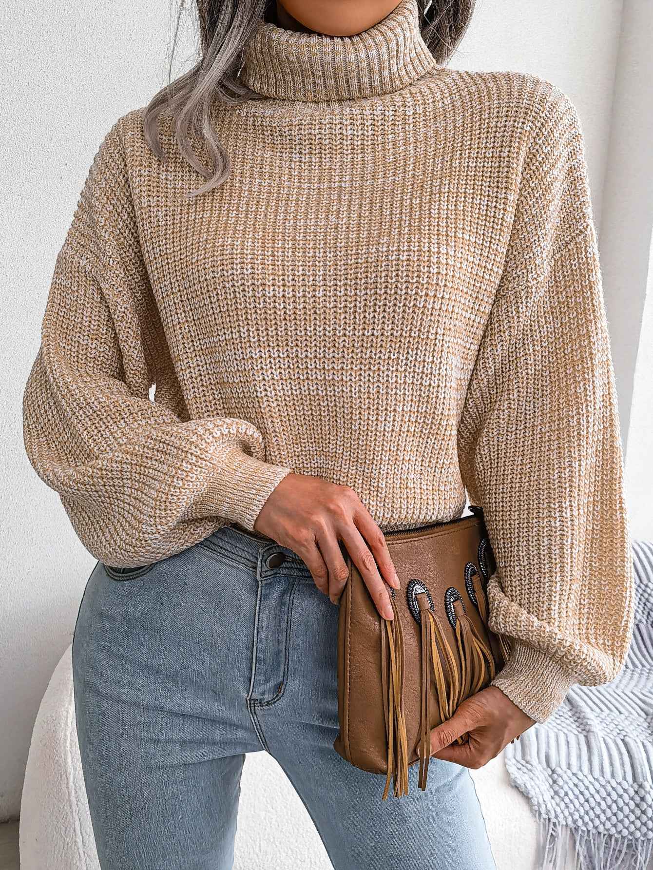 Sarah Express Women's Mixed Color Turtleneck Sweater - Lantern Sleeve Knit Pullover