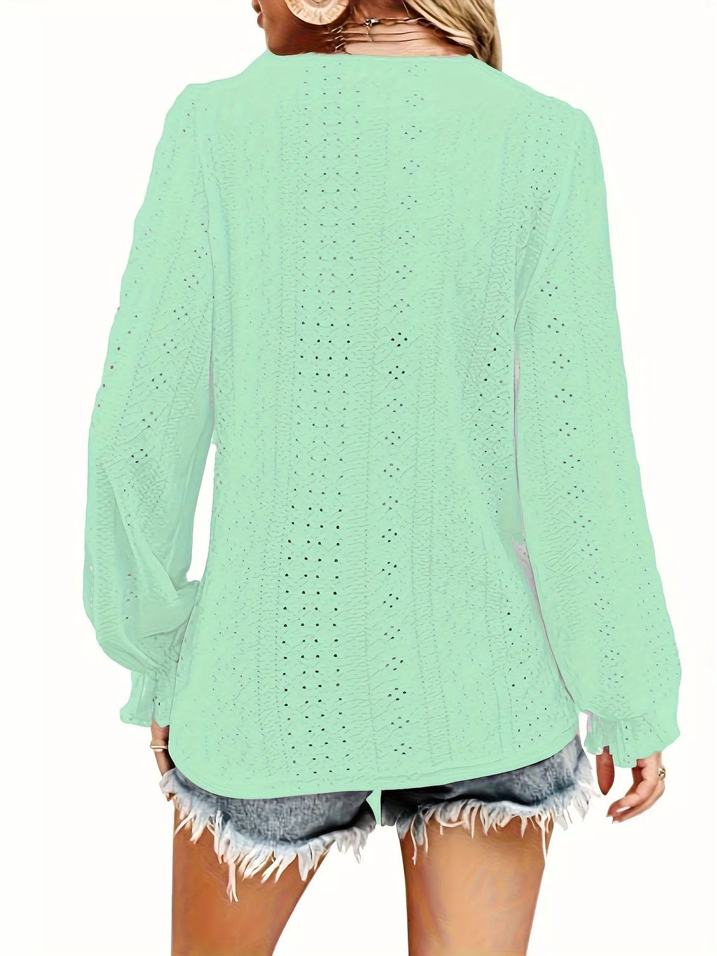 Sarah Express Women's Plus Size Eyelet V-Neck Flounce Sleeve Blouse