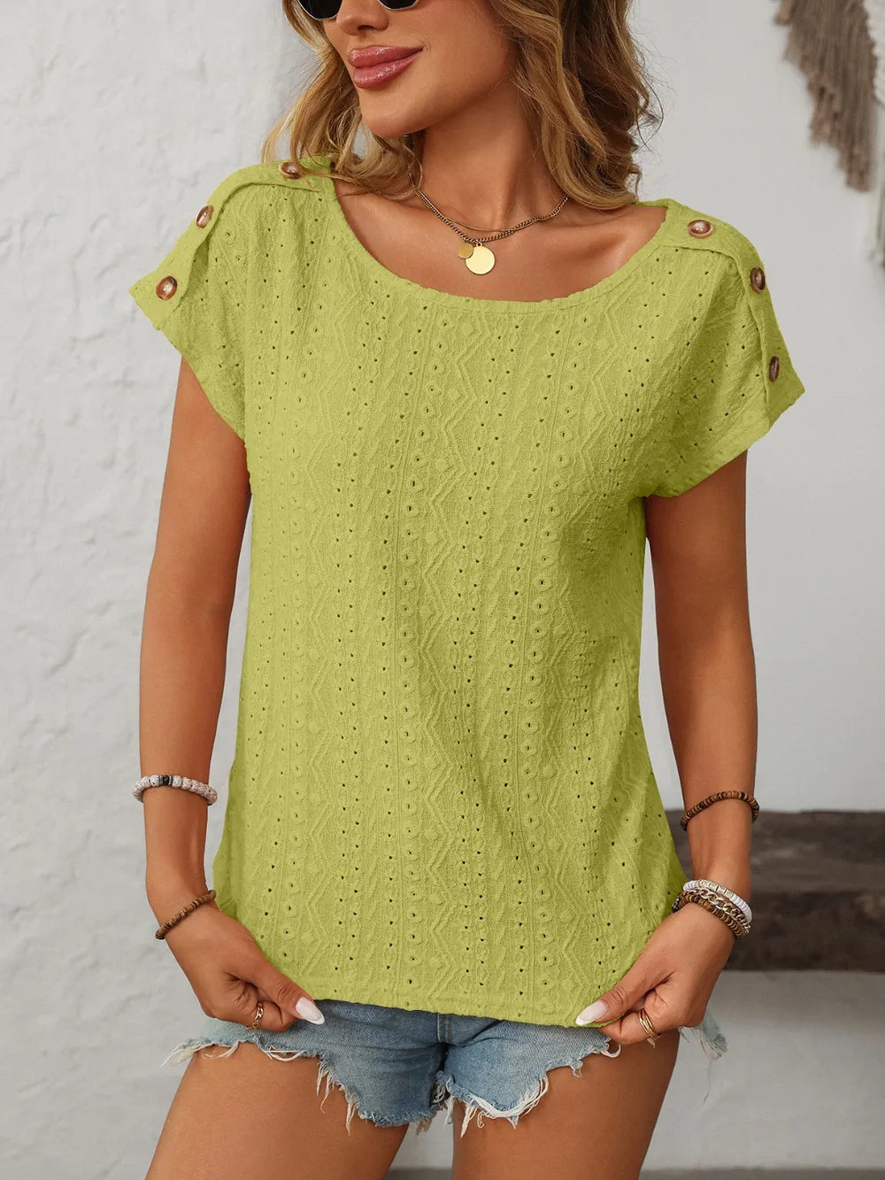 Sarah Express Women's Mandy Eyelet Round Neck Short Sleeve Top Yellow-Green