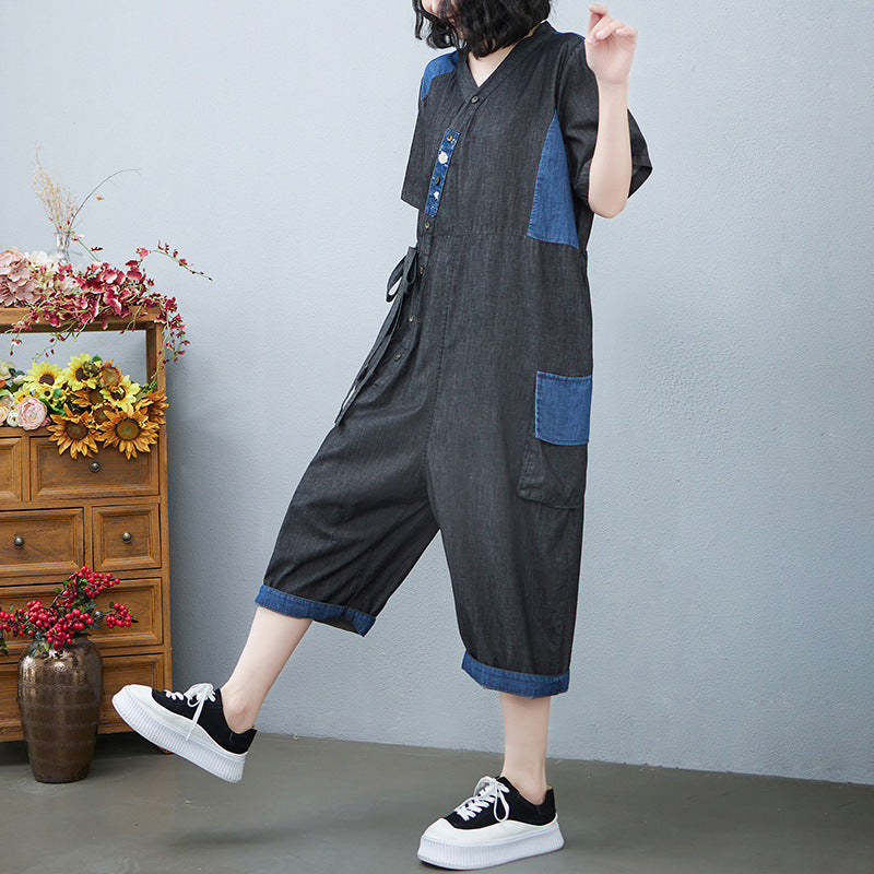 Sarah Express Drawstring Denim-Style Jumpsuit Wide Leg Cropped One Size