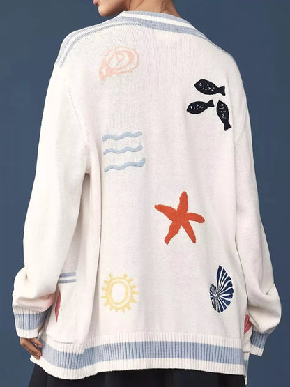 Sarah Express Women's Seashell Embroidered Open Front Cardigan