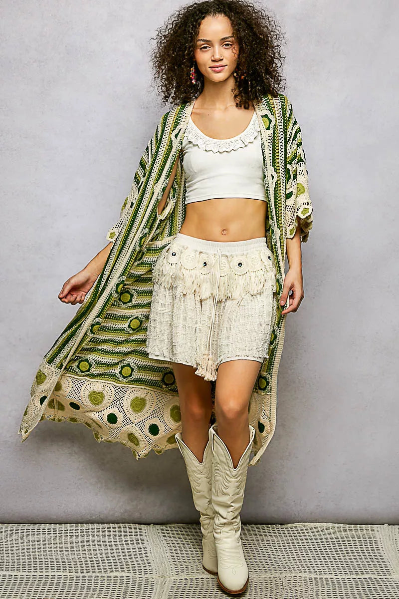 Sarah Express Women's Striped and Floral Pattern Crochet Longline Cardigan GREEN MULTI One Size