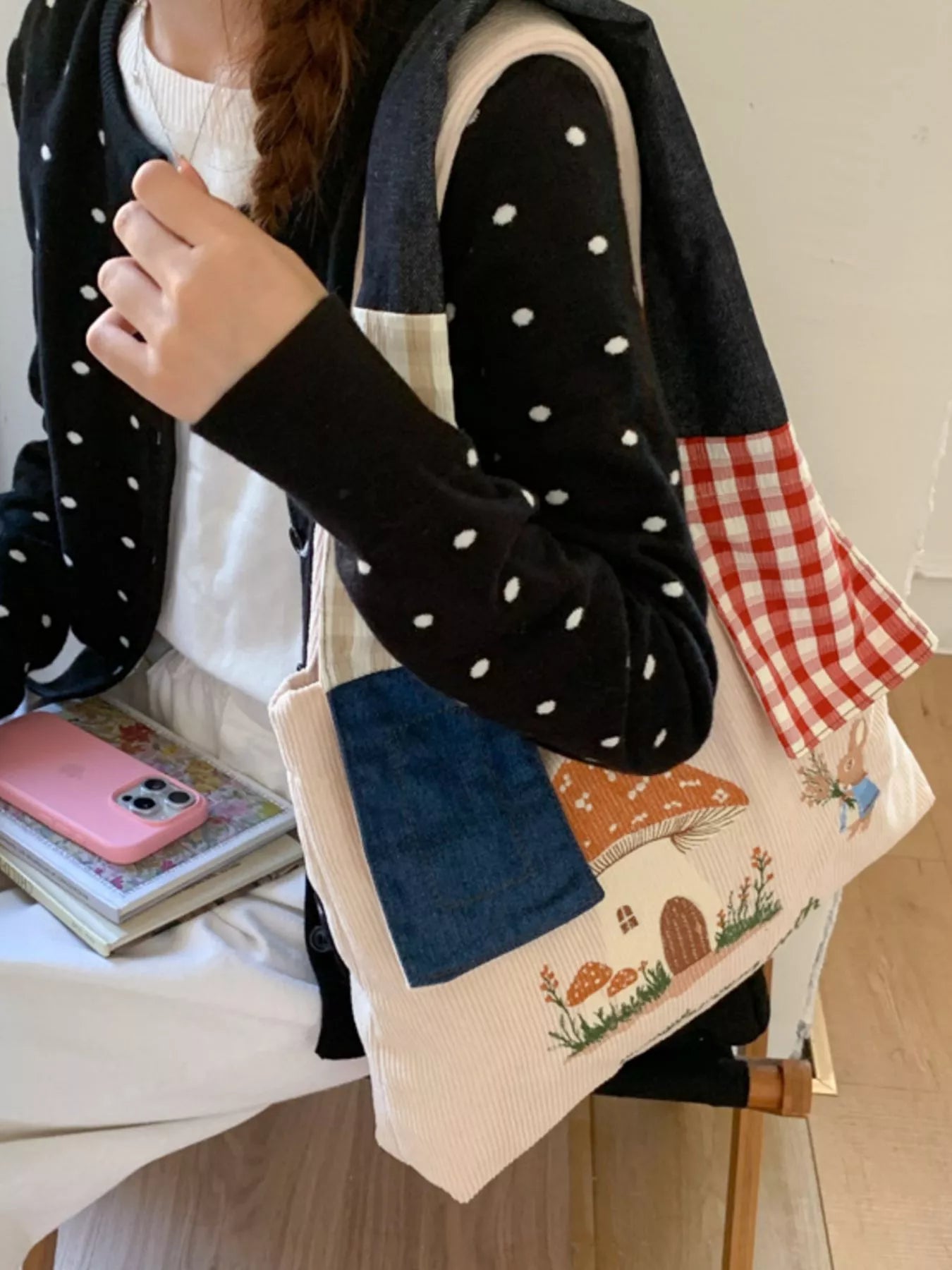 Sarah Express Women's Mushroom Corduroy Tote Bag Cream One Size