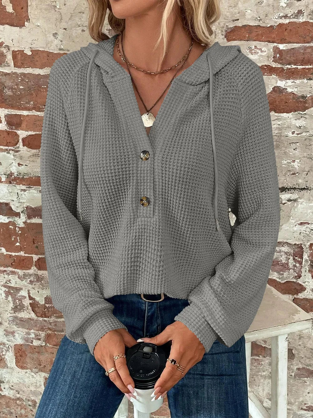 Sarah Express Women's Waffle Knit Long Sleeve Drawstring Hooded Top Gray