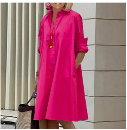 Sarah Express Women's Polo Collar Shirt Dress Long Sleeve Mid Length Cotton Blend Casual