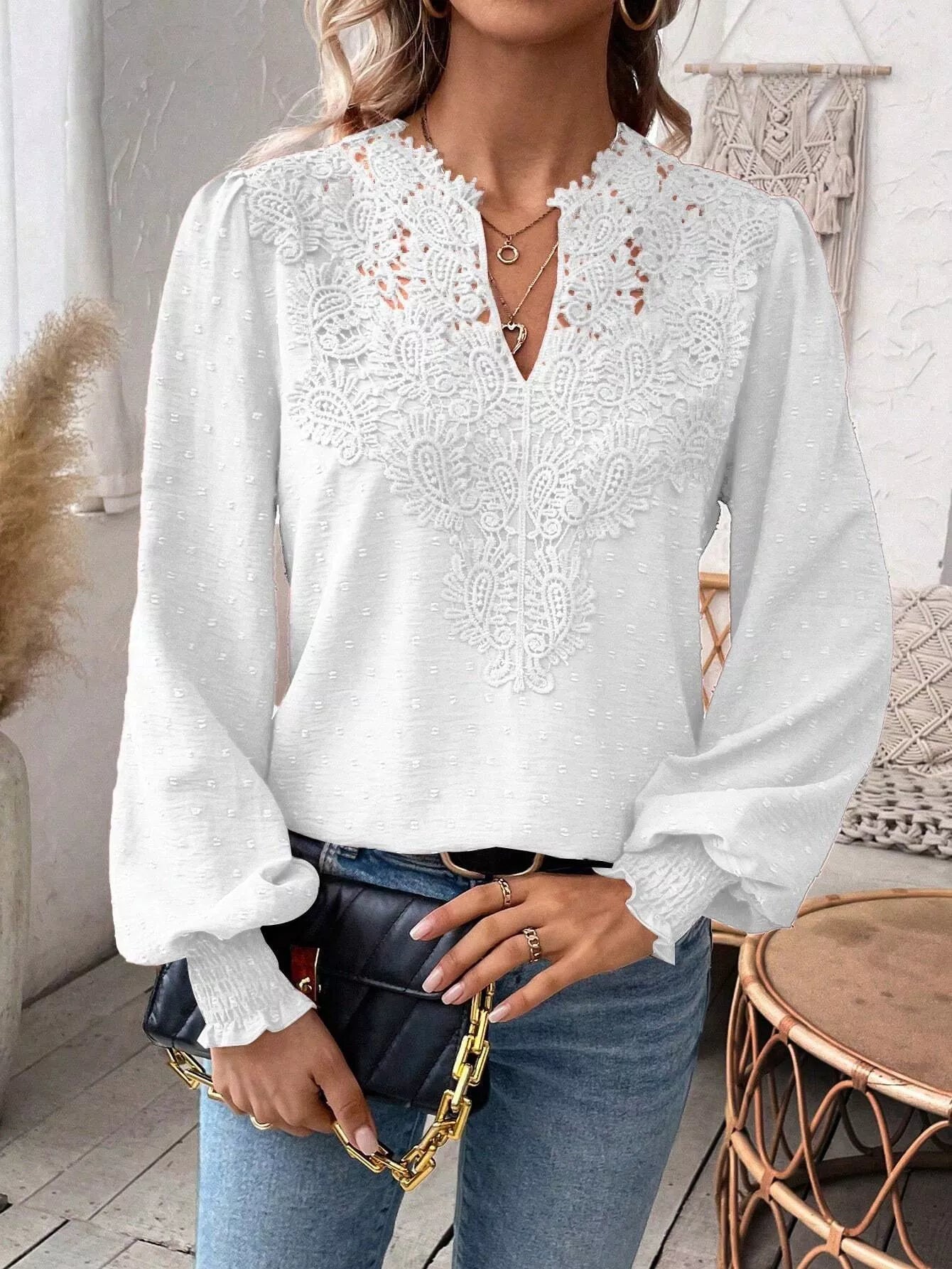Sarah Express Women's Lace Trim Long Sleeve Blouse
