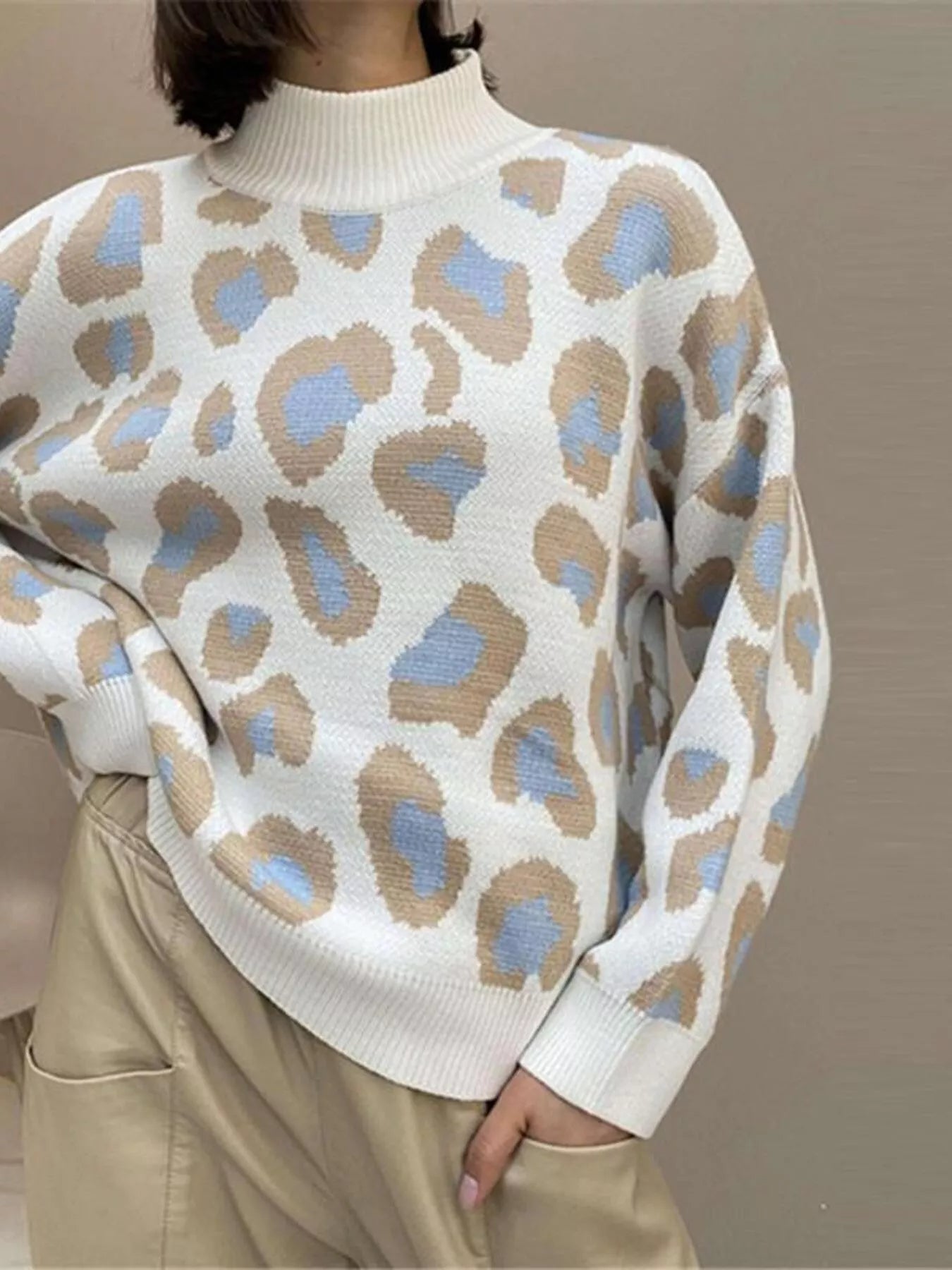 Sarah Express Women's Leopard High Neck Sweater Blue