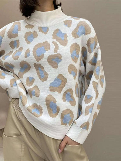 Sarah Express Women's Leopard High Neck Sweater Blue