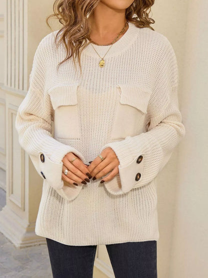 Sarah Express Women's Pocket Detail Round Neck Sweater - Button Front Cardigan