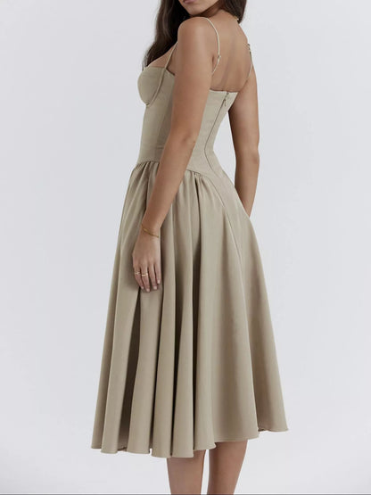 Sarah Express Women's Sweetheart Neck Midi Cami Dress with Pockets - Ruched Sleeveless Dress