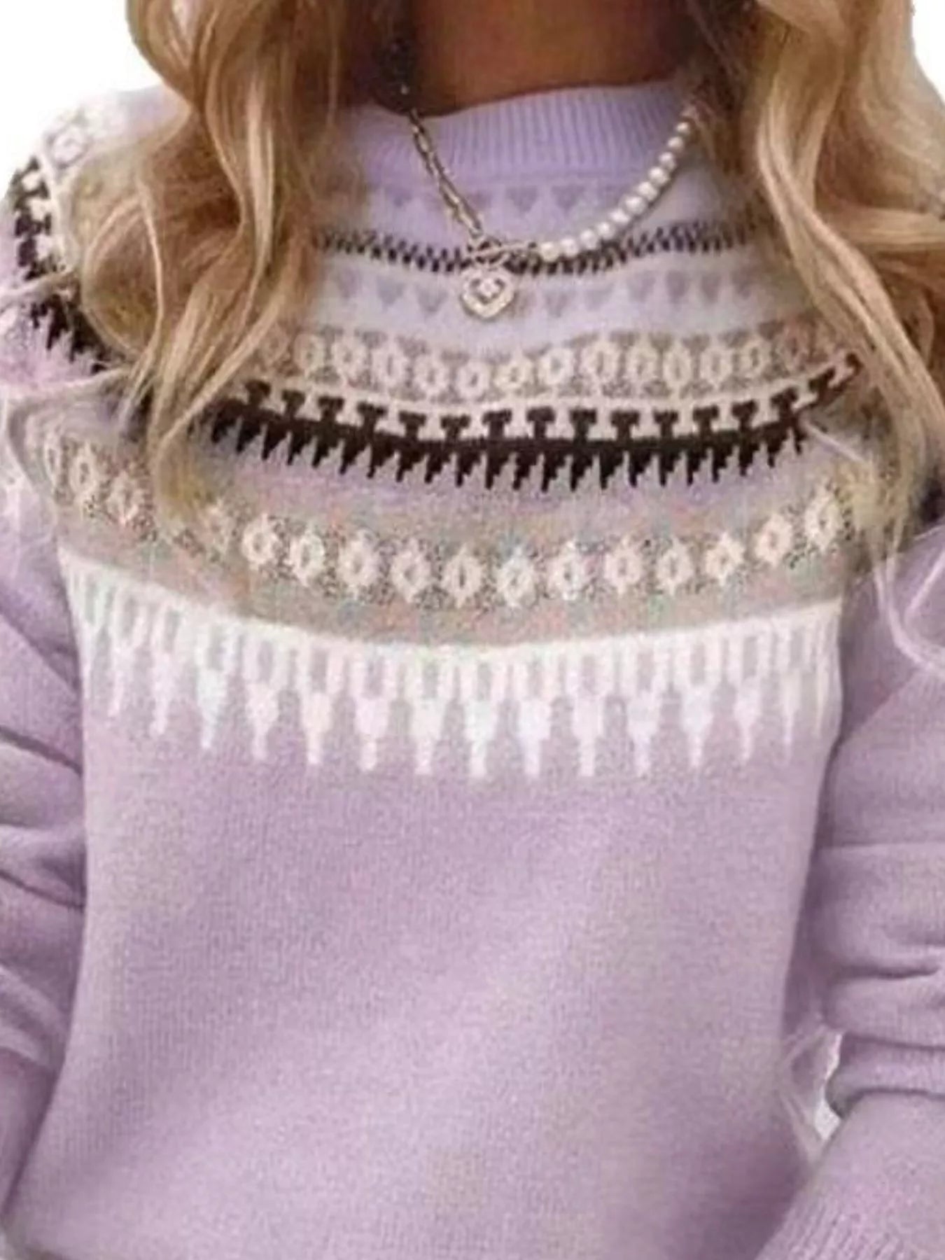 Sarah Express Women's Vintage Patterned Round Neck Sweater Plus Size