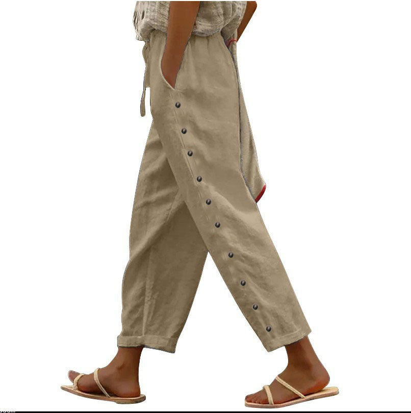 Sarah Express Women's Cotton Linen Cropped Pants Elastic Waist Loose Fit