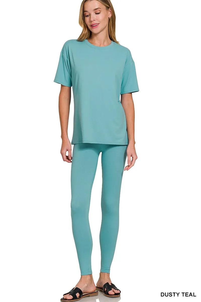 Sarah Express Women's Brushed Microfiber Short Sleeve Top and Pants Loungewear Set DUSTY TEAL