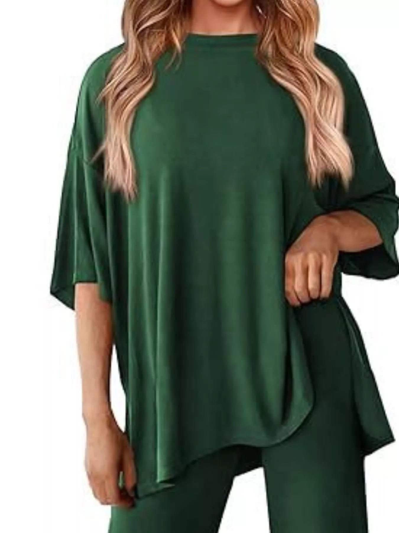 Sarah Express Women's Two Piece Slit Round Neck Top and Pants Set - Casual Loungewear Outfit