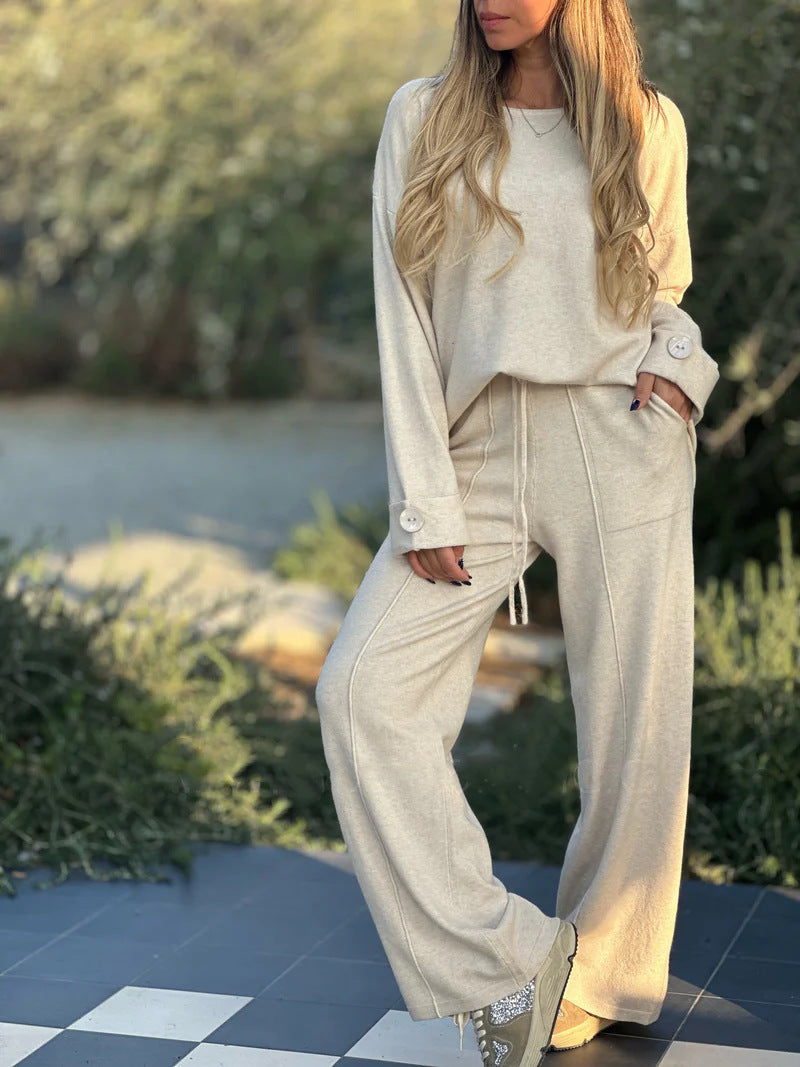 Sarah Express Women's Two-Piece Matching Set Long Sleeve Top Wide Leg Pants