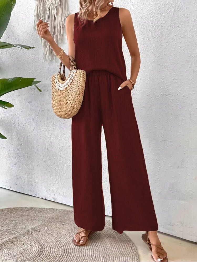 Sarah Express Women's Sleeveless Top and Pants Set with Lace Back Detail