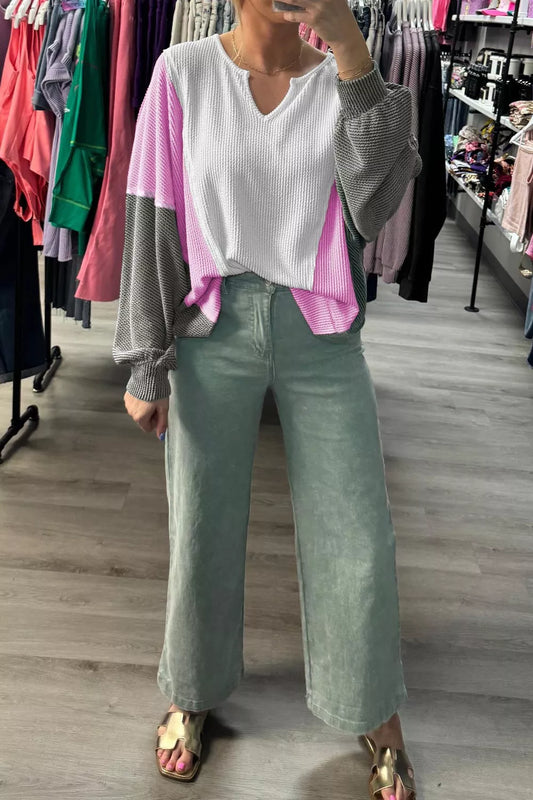 Sarah Express Women's Ribbed Raw Seam Color Block Patchwork Long Sleeve Top