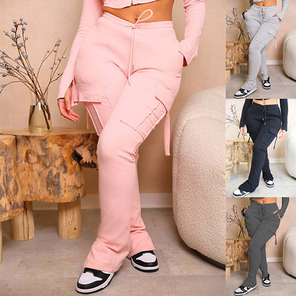 Sarah Express Women's Cargo Pants High Waist Wide Leg Trousers with Pockets - Drawstring Straight Leg Pants