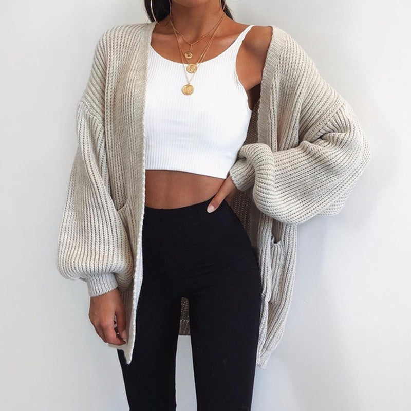Sarah Express Women's Loose Fit Mid-Length Cardigan Sweater Open Front Knit Jacket Solid Color Casual