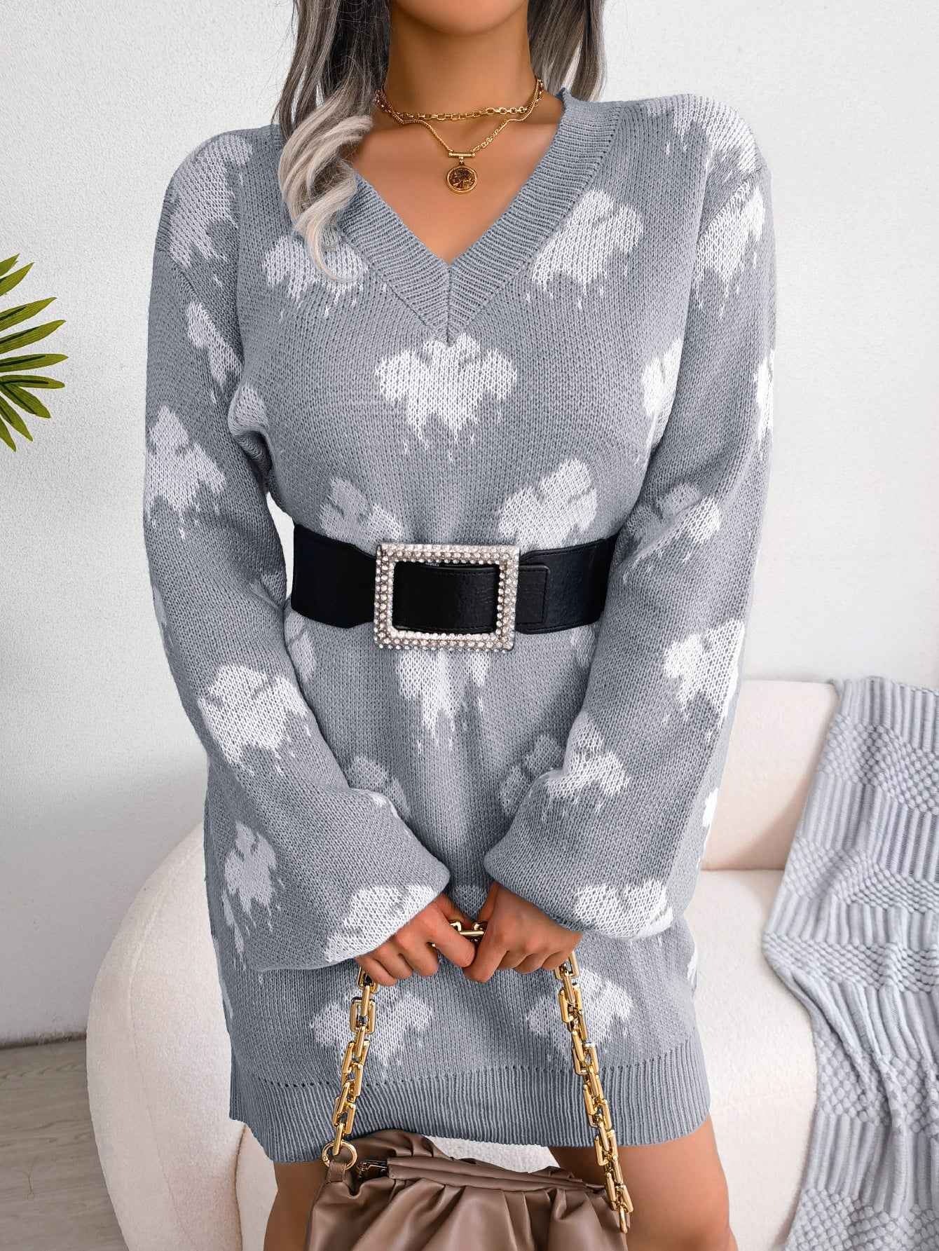 Sarah Express Women's Color Block Lantern Sleeve Knit Sweater Dress