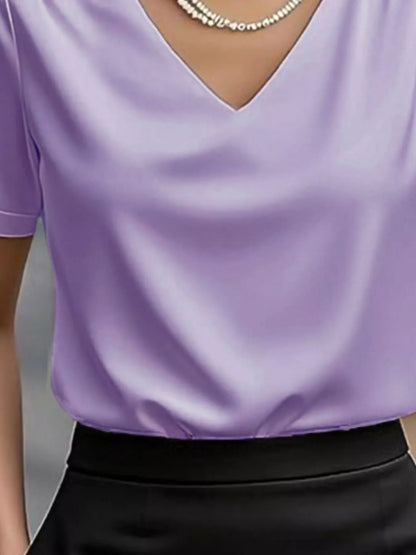 Sarah Express Women's V-Neck Short Sleeve Satin Blouse