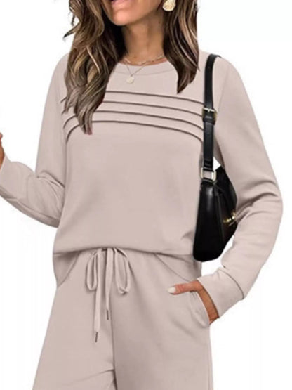 Sarah Express Women's Plus Size Round Neck Long Sleeve Top and Pants Lounge Set - Two Piece