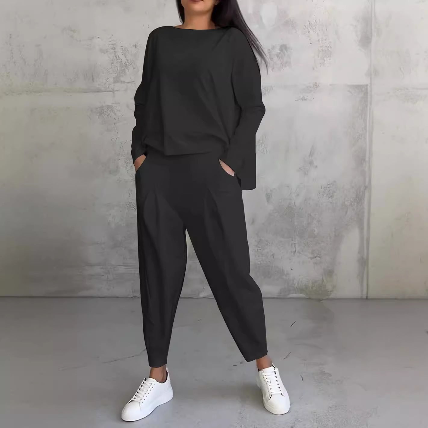 Sarah Express Women's Long Sleeve Round Neck Top and Harem Pants Two-Piece Casual Set