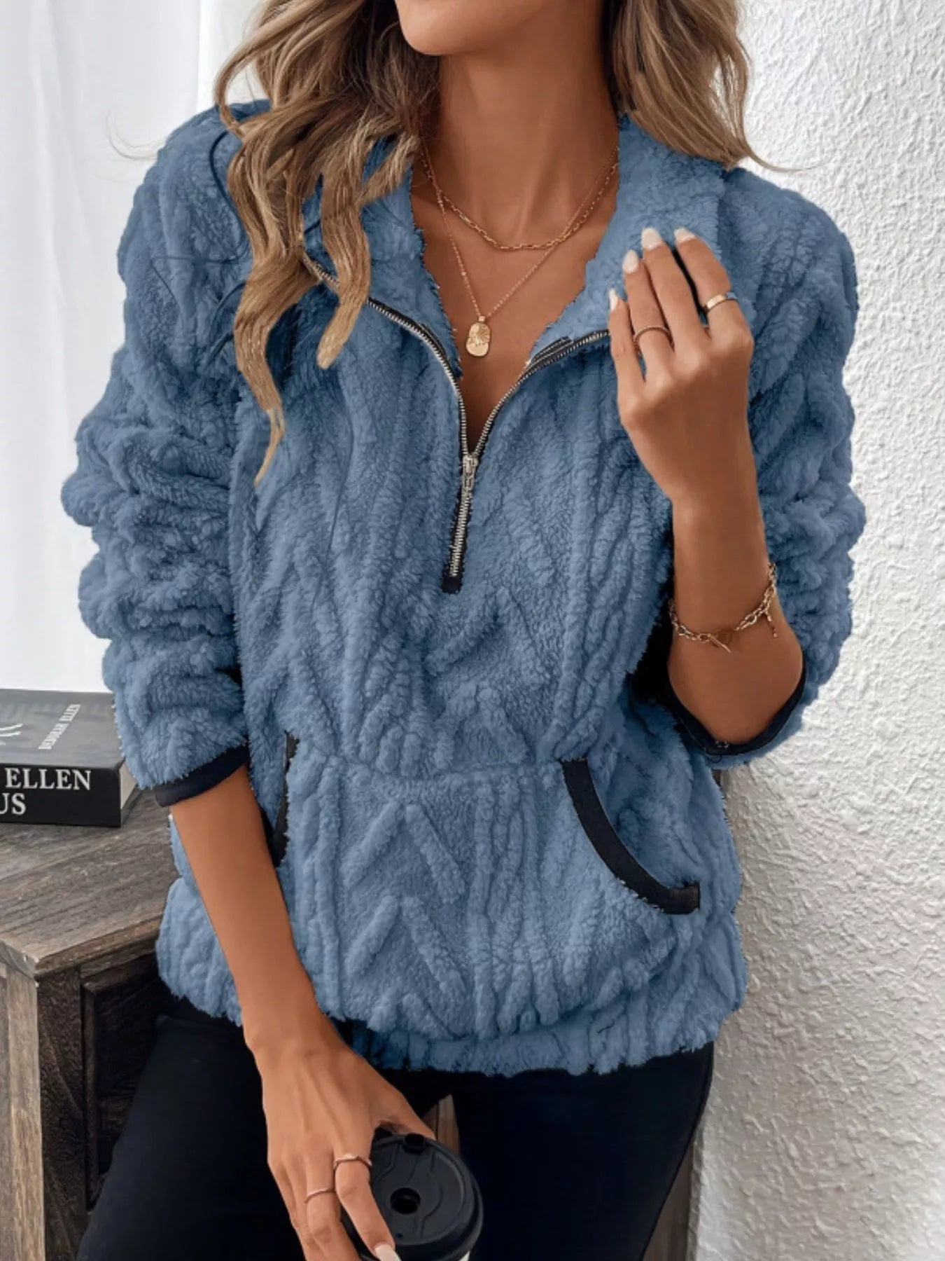 Sarah Express Women's Sherpa Half Zip Sweatshirt Plus Size Blue