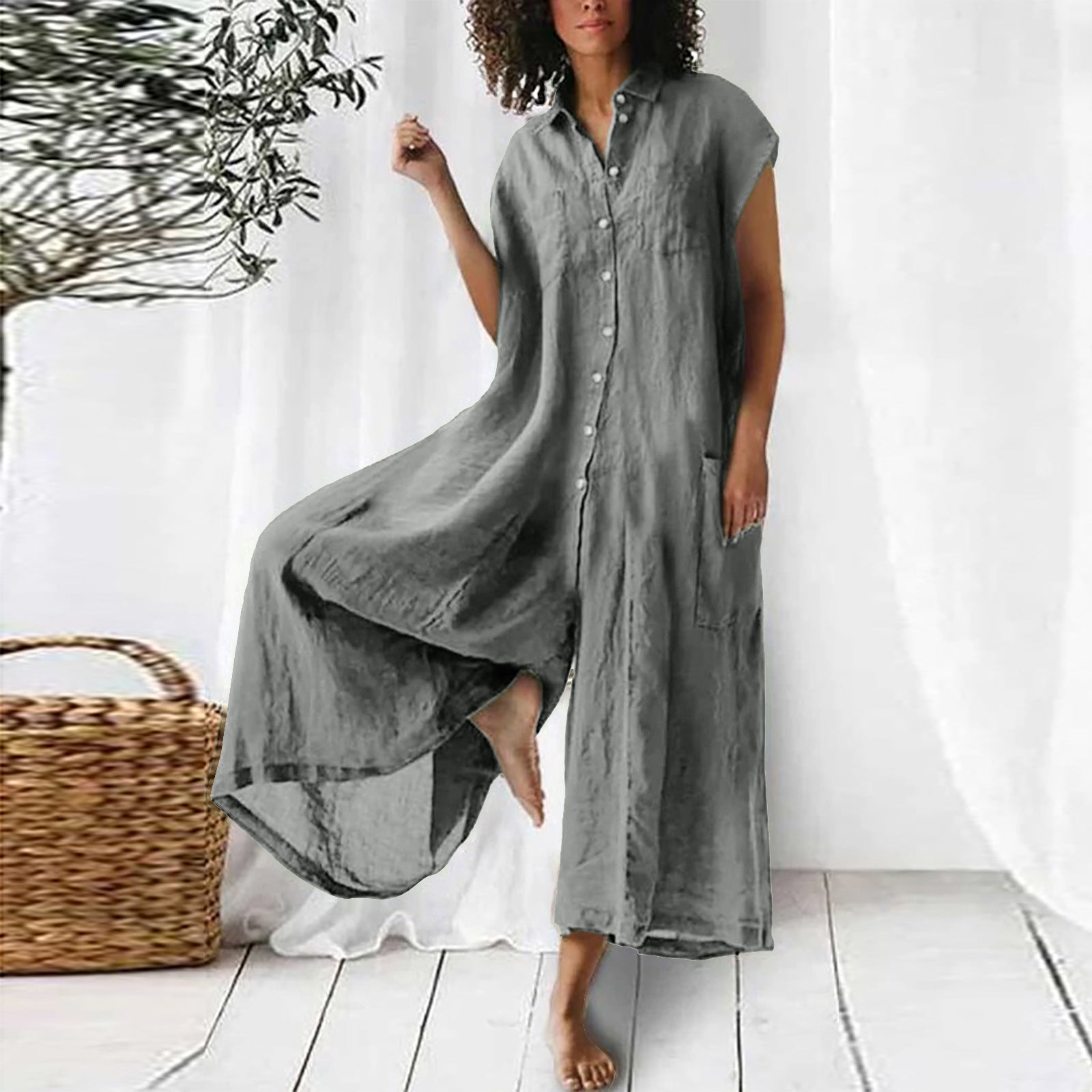 Sarah Express Short Sleeve Mid-Length Linen Jumpsuit Casual