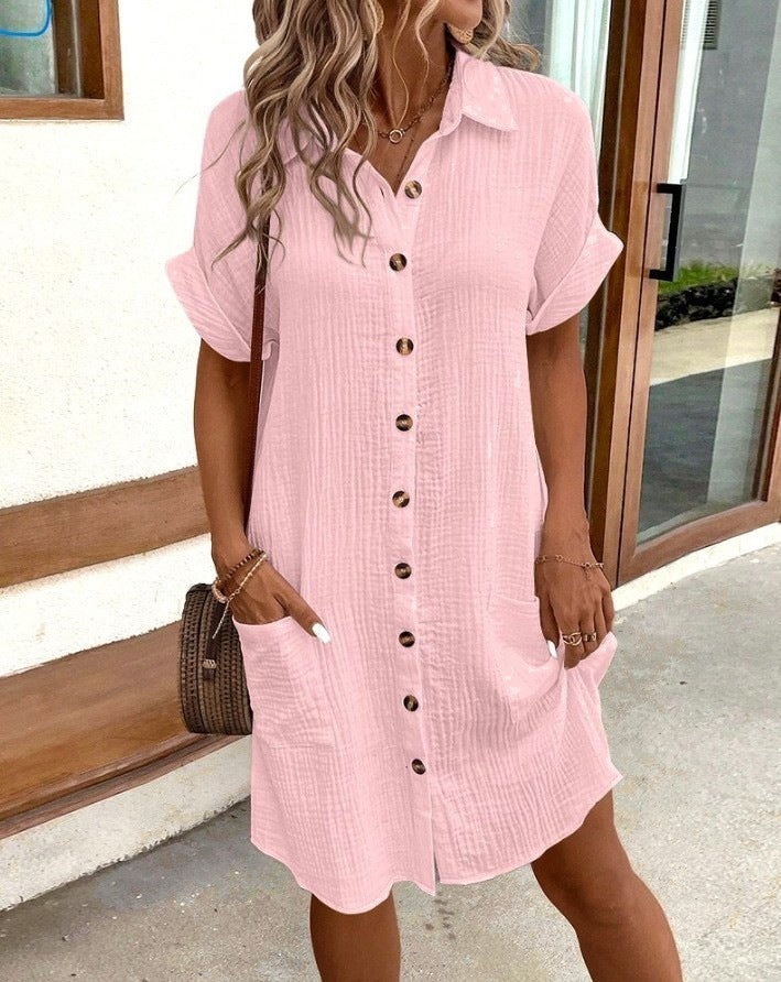 Sarah Express V-Neck Button Front Shirt Dress - A-Line Short Sleeve Women's Dress