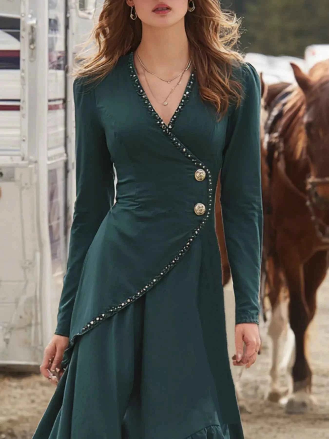 Sarah Express Women's Ruffled Hem Surplice Long Sleeve Dress - Elegant Ruched Polyester Maxi Dress