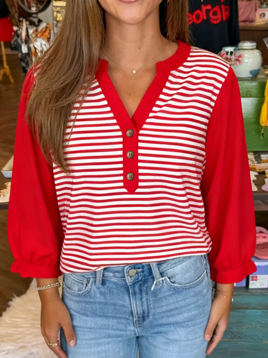 Sarah Express Women's Striped Button-Detail Long Sleeve Top Red