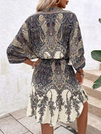Sarah Express Women's Paisley Print Batwing Sleeve Ruffle Hem Dress Tassel Tie Front