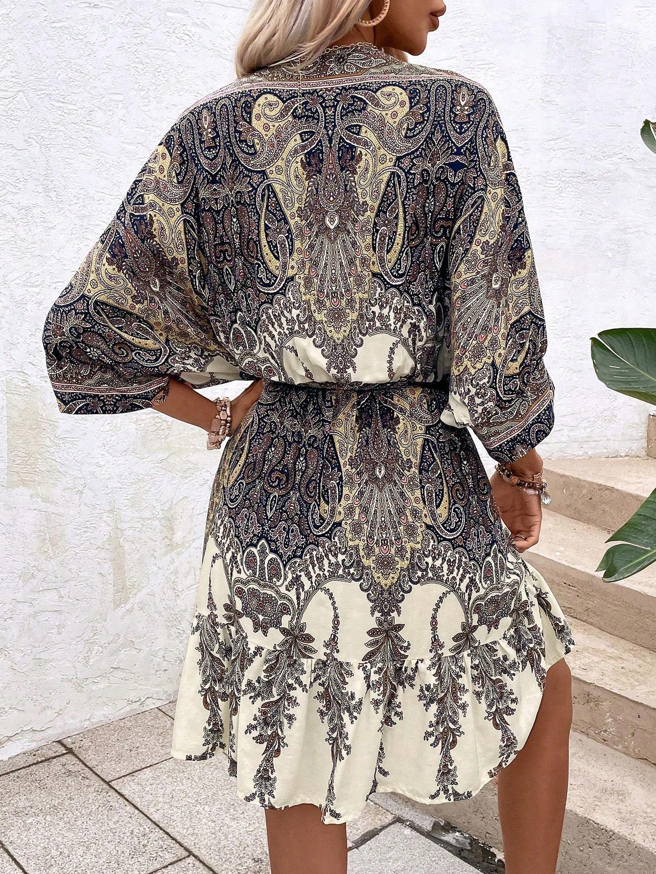 Sarah Express Women's Paisley Print Batwing Sleeve Ruffle Hem Dress Tassel Tie Front