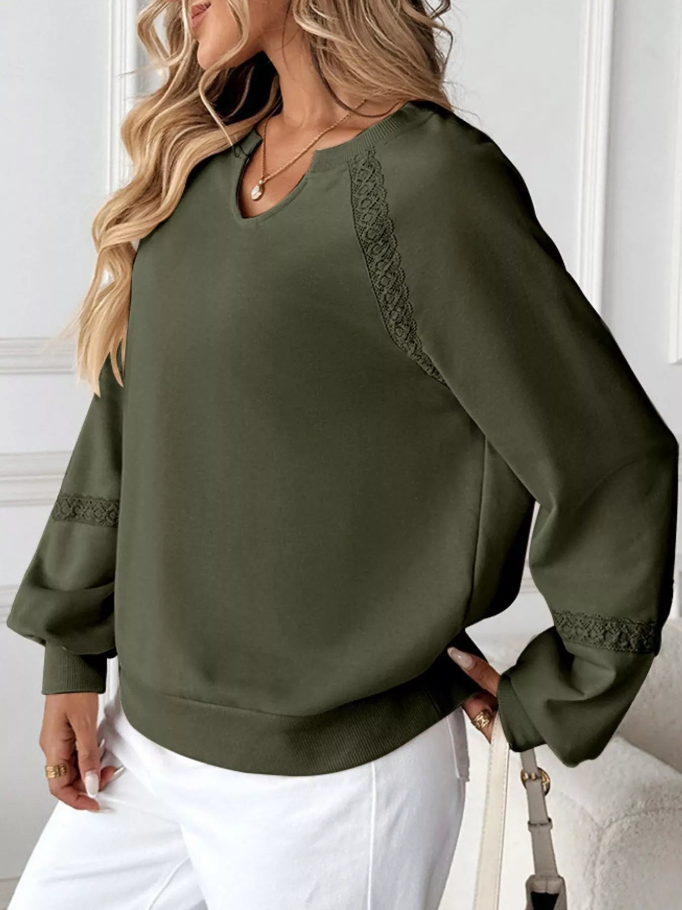 Sarah Express Women's Notched Raglan Sleeve Sweatshirt with Lace Detail