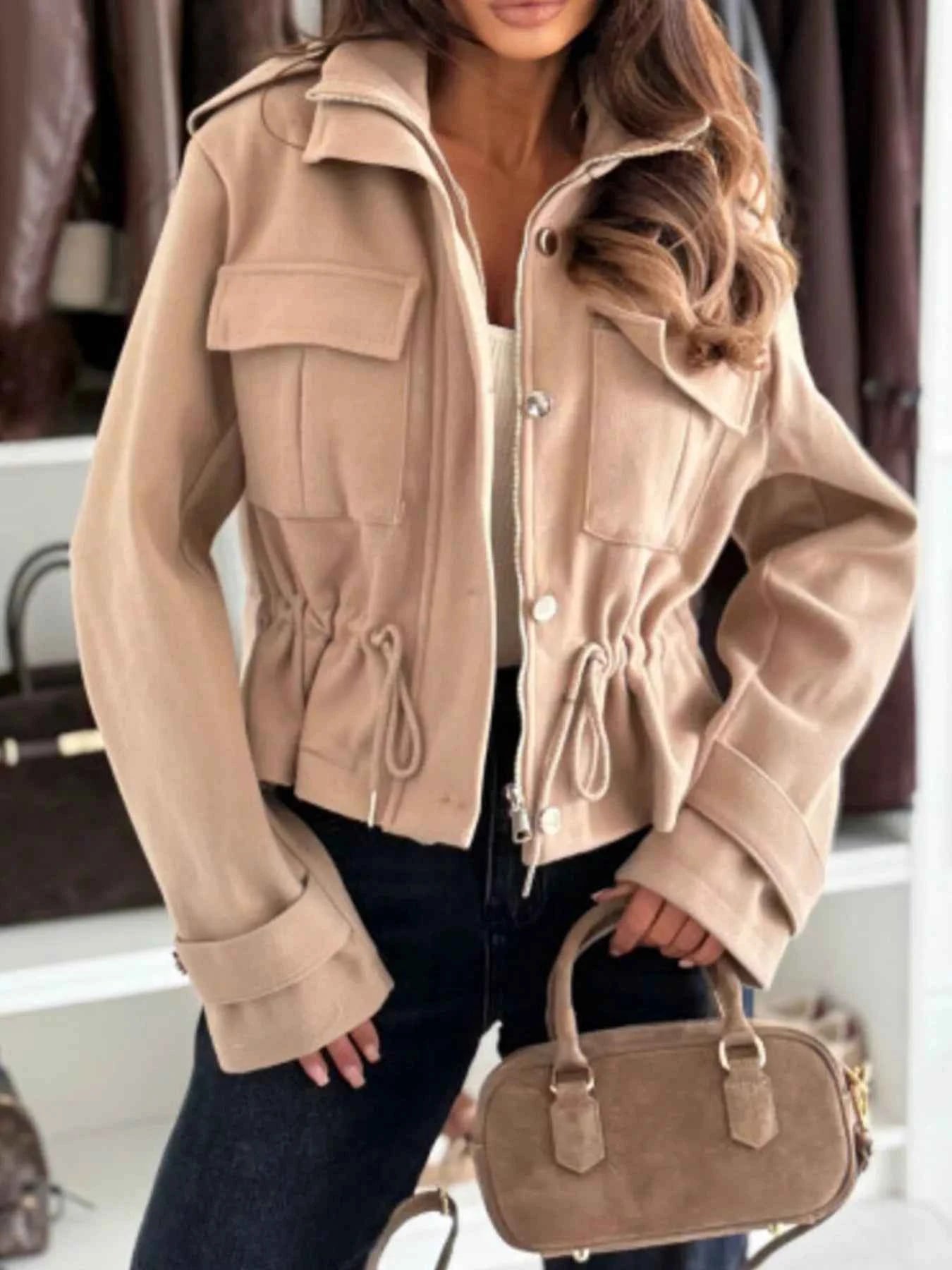 Sarah Express Women's Drawstring Button-Up Casual Jacket with Pockets