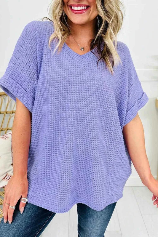 Sarah Express Women's Waffle Knit V-Neck Short Sleeve Top