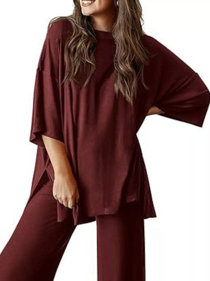 Sarah Express Relaxed Fit Round Neck Top and Pants Two-Piece Lounge Set Wine Red