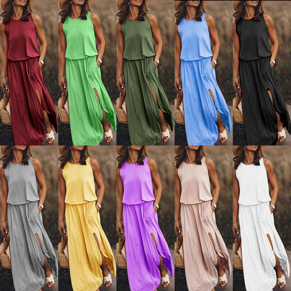Sarah Express Women's Sleeveless Round Neck Dress with Side Split Solid Color