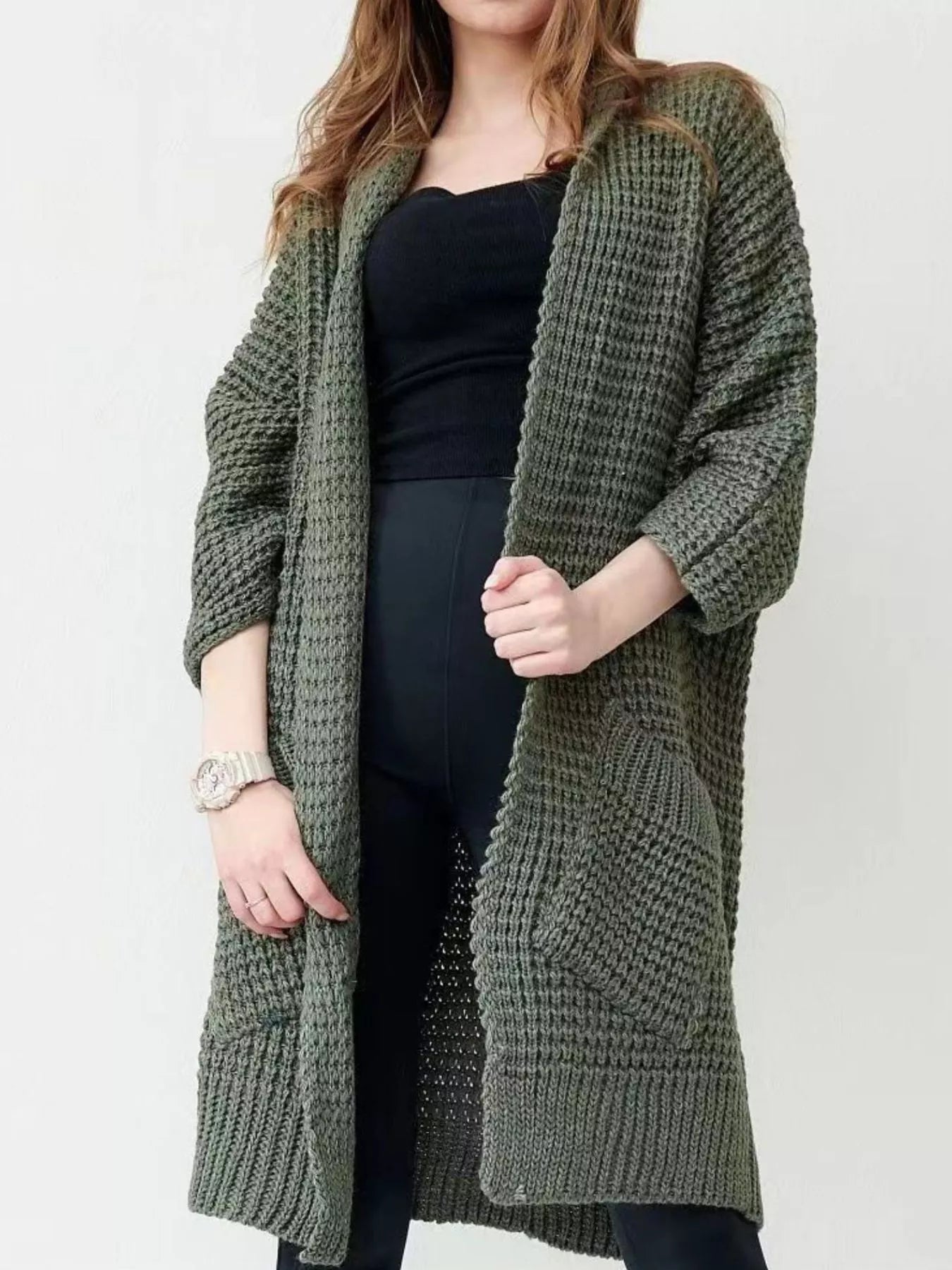 Sarah Express Women's Chunky Knit Open Front Cardigan Plus Size Waffle Knit Sweater Army Green