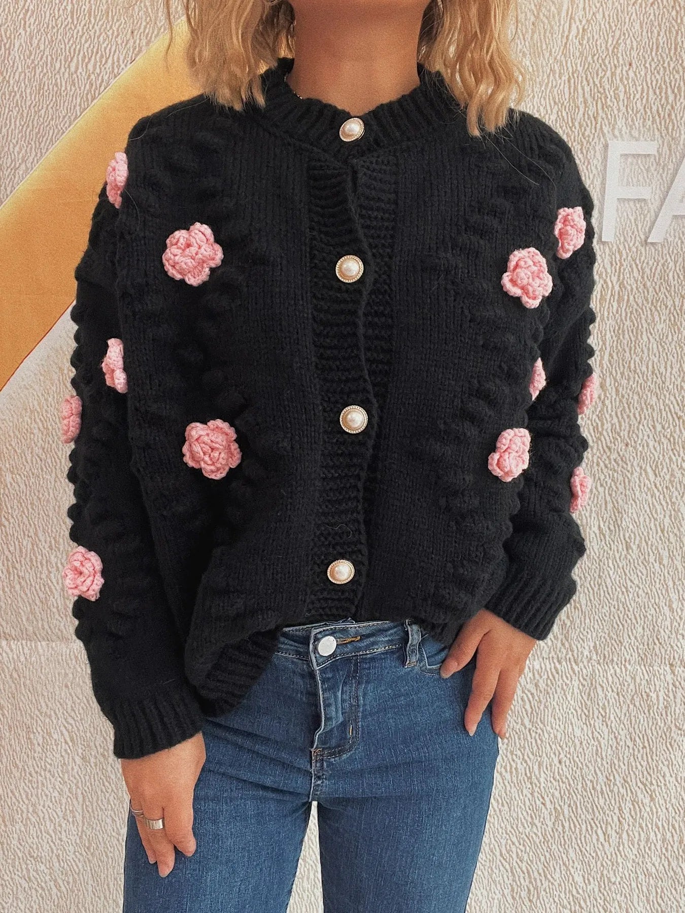 Sarah Express Women's Flower Button Up Long Sleeve Cardigan