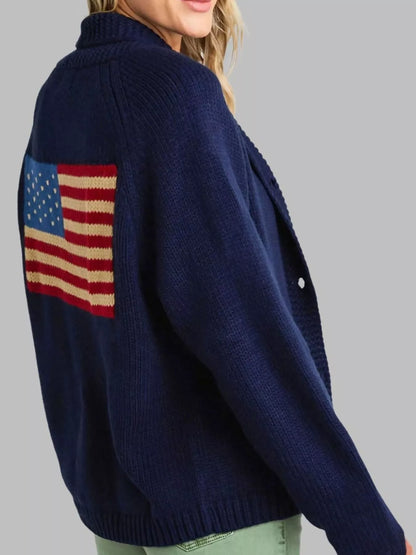Trendsi Women's USA Flag Chunky Knit Button-Down Cardigan Navy Blue