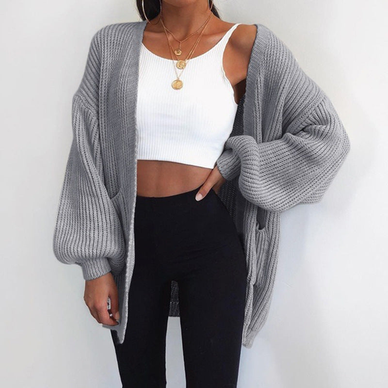 Sarah Express Women's Loose Fit Mid-Length Cardigan Sweater Open Front Knit Jacket Solid Color Casual