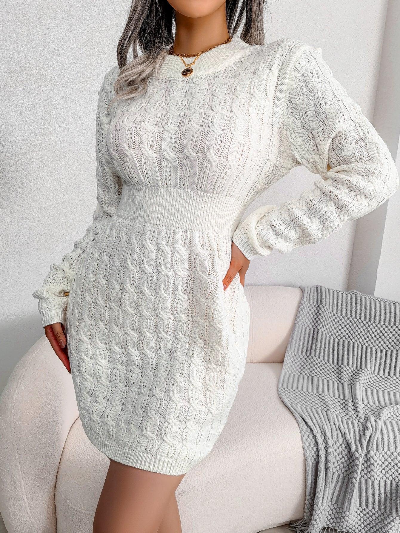 Sarah Express Women's Cable Knit Bodycon Sweater Dress - Waist Cinched Long Sleeve Pencil Dress