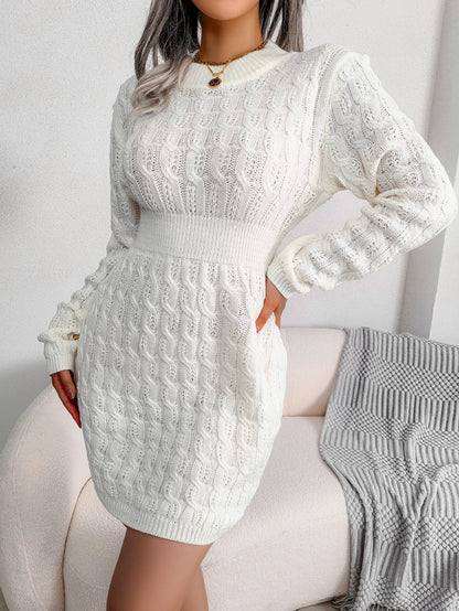 Sarah Express Women's Cable Knit Bodycon Sweater Dress - Waist Cinched Long Sleeve Pencil Dress