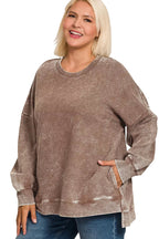 Sarah Express Women’s Plus Size Acid Wash Ribbed Sweatshirt with Hi-Low Hem
