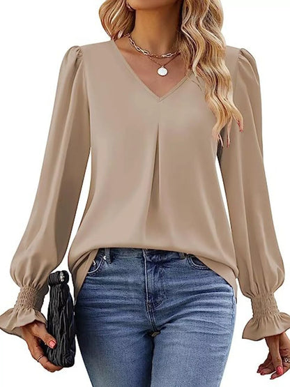 Sarah Express Women's V-Neck Long Sleeve Ruffle Cuff Blouse